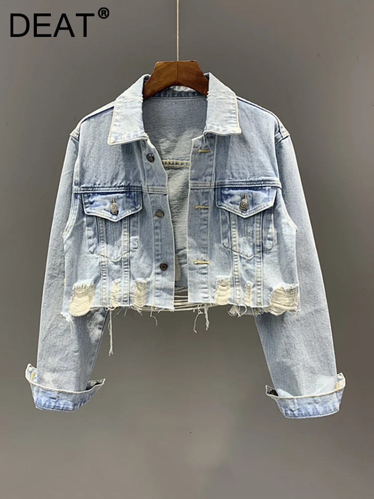 

Женская джинсовая куртка с кисточками DEAT, однобортная короткая куртка с эффектом потертости и длинным рукавом, осень 2023