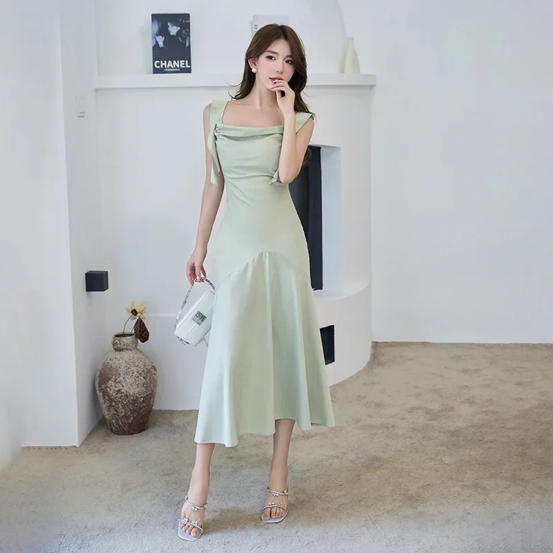 

Women Elegant Satin Long Dresses 2023 New Sexy Green Female A-Line Simple Chic Slim Vestidos Formal Party Evening Dress