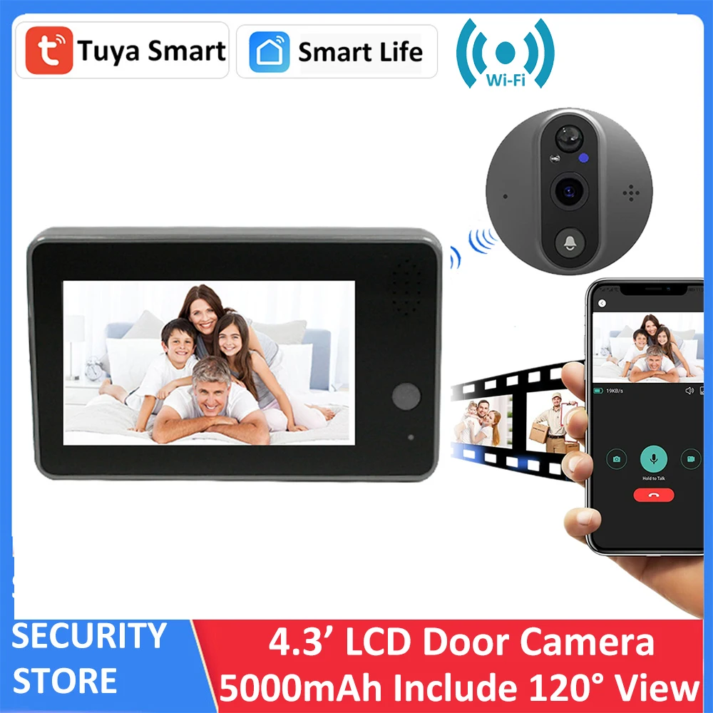 Tuya Smart FHD Digital Peephole Door Bell Camera WiFi 5000mAh Rechargeable Battery Migic Eye Doorbell Viewer 4.3 Video Intercom