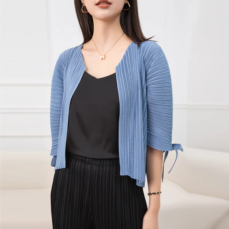 

Miyake Pleated Women's Clothing 2022 New Spring and Autumn Coat Fashion Casual Cardigan Short 3/4 Sleeve Outer Tops