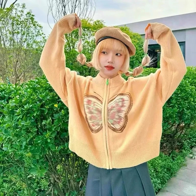 Y2k жаккардовый кардиган с бабочками на молнии Женский вязаный в Корейском стиле