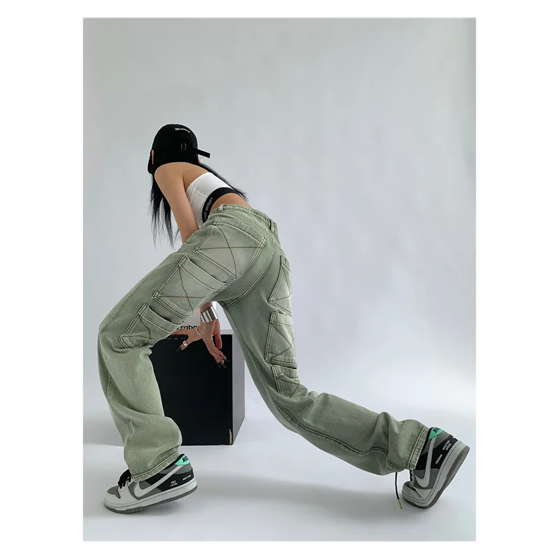 

Зеленые женские джинсы, новинка 2022, свободные прямые брюки с несколькими карманами, дизайнерские стильные брюки, модные брюки для женщин