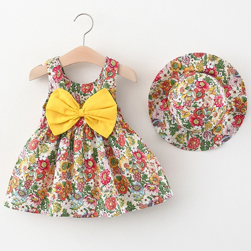 

2Piece Summer Newborn Baby Girl Clothes Fashion Flowers Cute Bow Sleeveless Cotton Princess Dress+Sunhat Toddler Dresses BC193