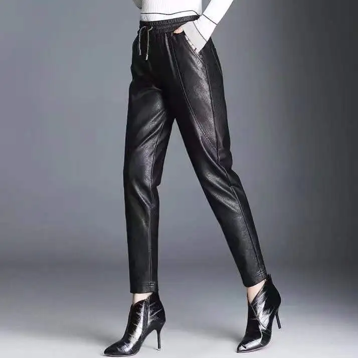 Leather pants women's 2022 new outer wear loose plus velvet harem pants wide leg pants small feet trousers PU carrot pants