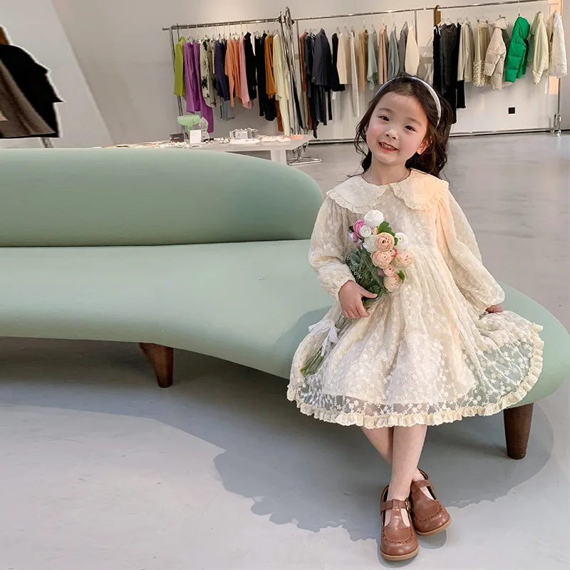 

Кружевное платье принцессы с вышивкой, модные платья с отложным воротником и длинным рукавом для вечеринки в честь Дня рождения для девочек