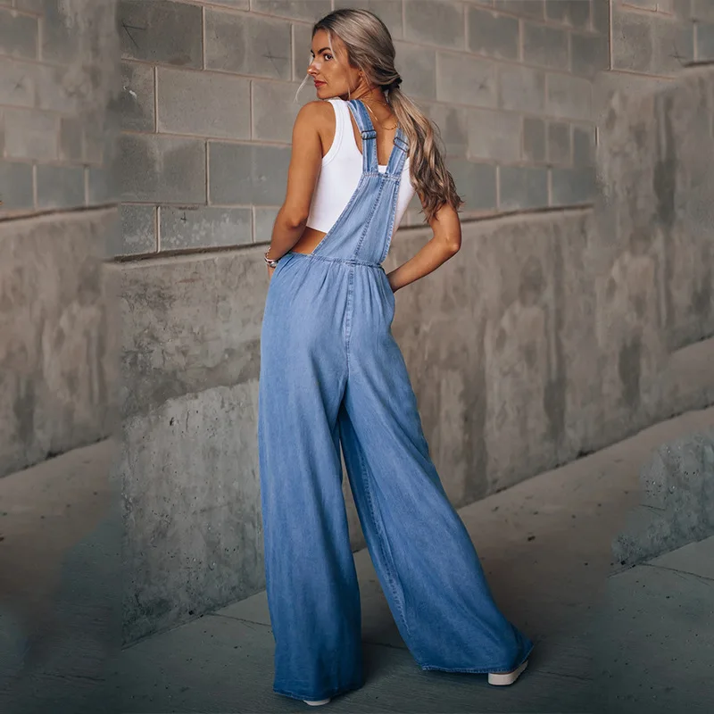 Wide-Leg Denim Straight Tube Jumpsuits Women's Blue Denim Overalls Women's Loose Fashion High-Waist New Summer Pocket Jumpsuits