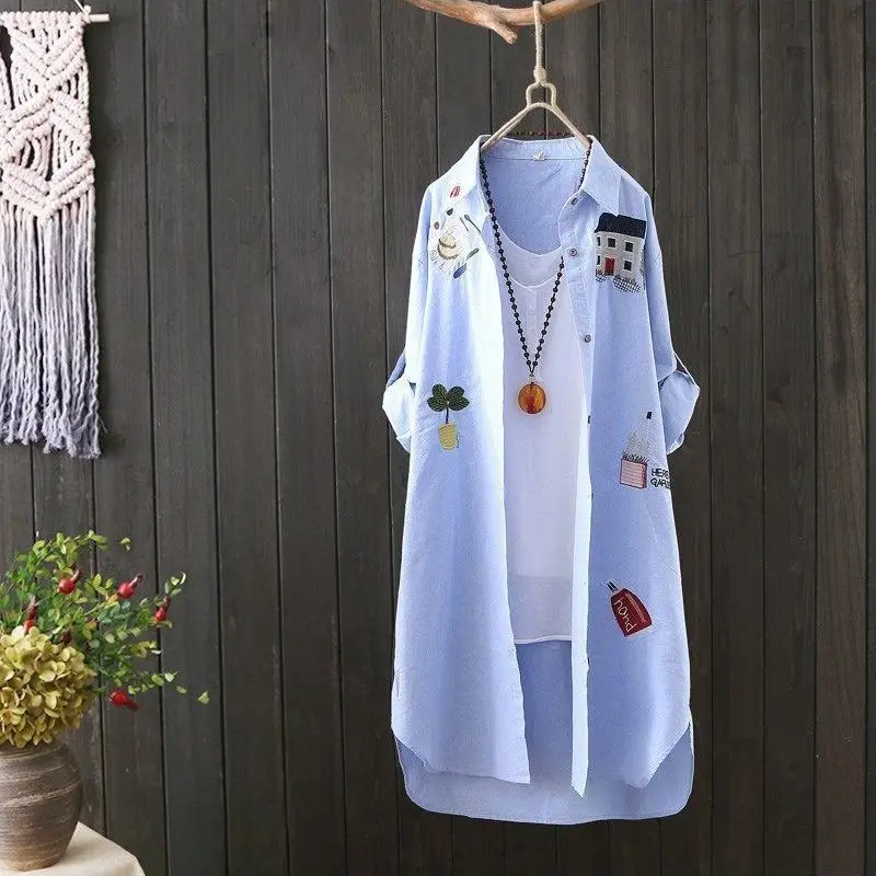 Korean coat loose long sleeve cardigan autumn coat medium long shirt women's house embroidered white shirt