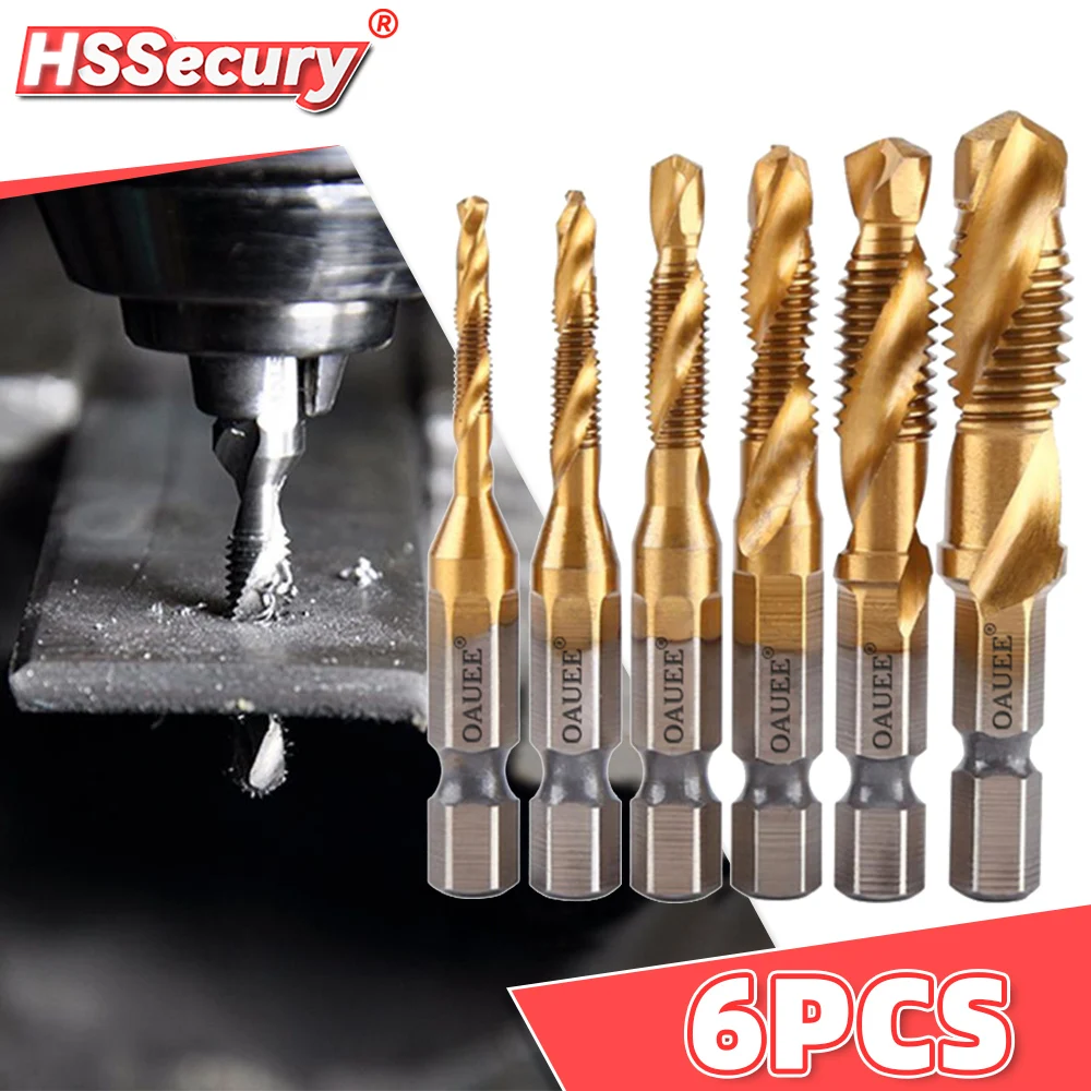

6Pcs Hex Shank Titanium Plated HSS Screw Thread Metric Tap Drill Bits Screw Machine Compound Tap M3 M4 M5 M6 M8 M10 Hand Tools