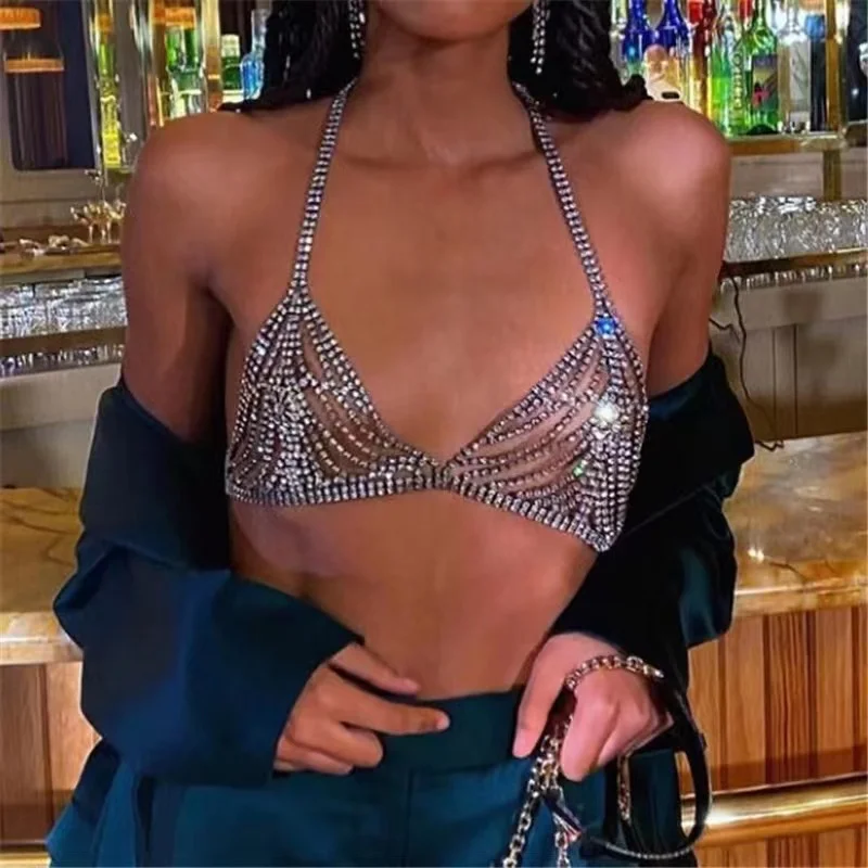

Модная сексуальная сетчатая цепочка на лямках, ювелирное изделие, женское бикини, цепочка для груди с кристаллами, бюстгальтер, нижнее бель...