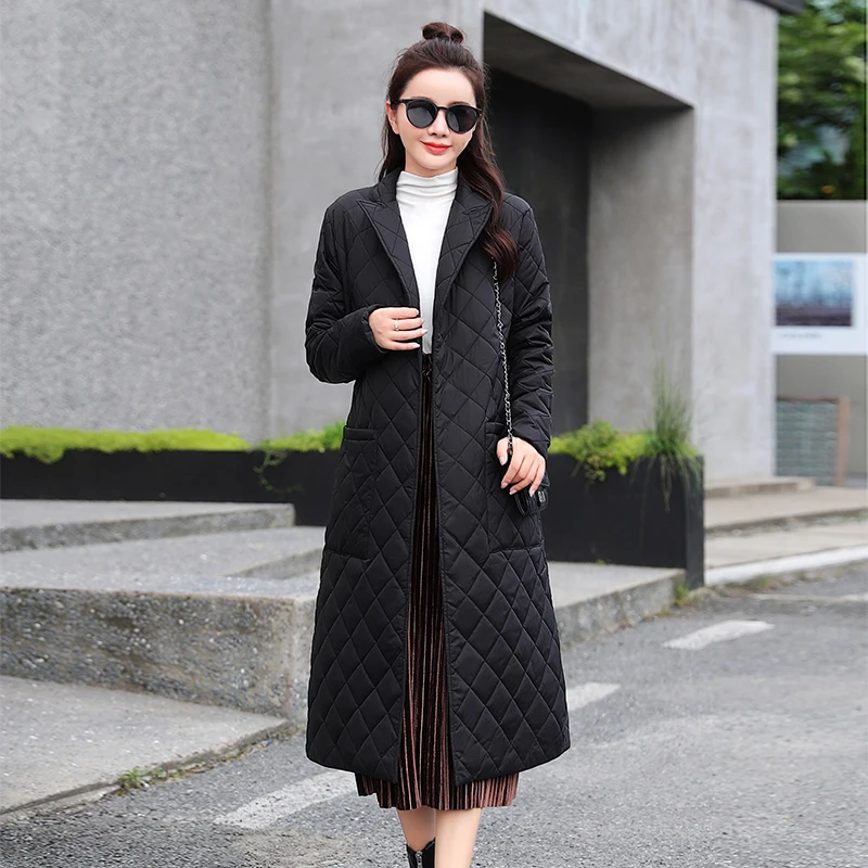 Woman Jacket Parkas X-long Belted Space Cotton 2021 New Diamond Plaid Coat Down Women's Over The Knee Winter Clothing Warm Coats