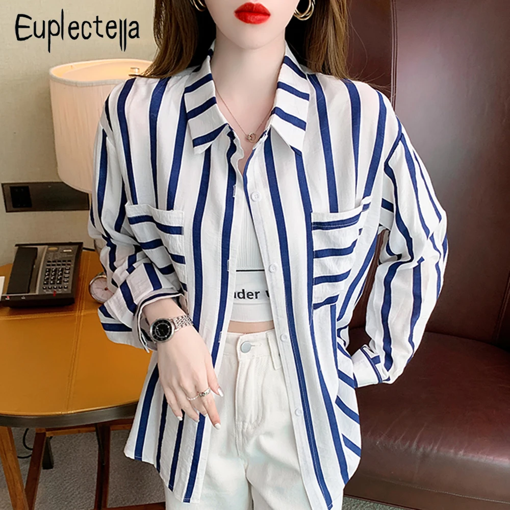

Женские повседневные полосатые рубашки Euplectella, блузки с отложным воротником и длинным рукавом с принтом, солнцезащитные дышащие топы для дам 2022