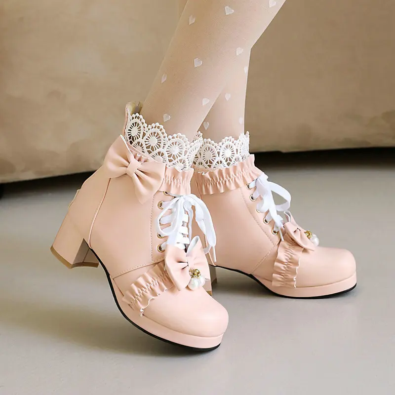 

Girls High Heels Ankle Boots Chunky Heel Lolita Shoes Butterfly-knot Lace Womens Cosplay Princess Vintage Boot 28-43