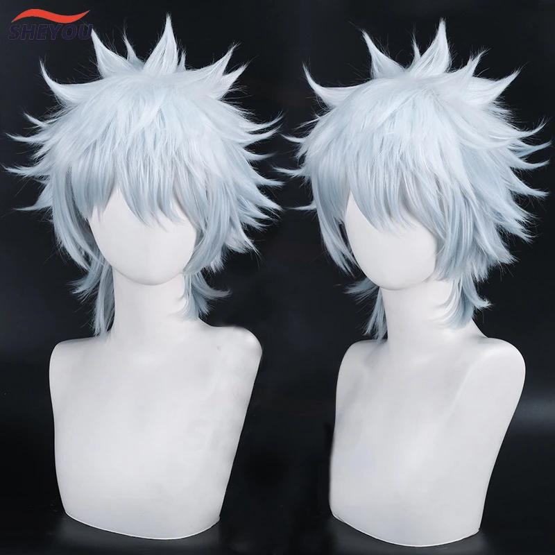 

Sakata Gintoki Cosplay Wig Anime Gintama Short White Blue Gradient Heat Resistant Synthetic Hair Anime Wigs + Free Wig Cap