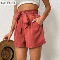 wayoflove fashion high waist lacing up womens pants red slim home casual pants solid color pocket sports straight pants women
