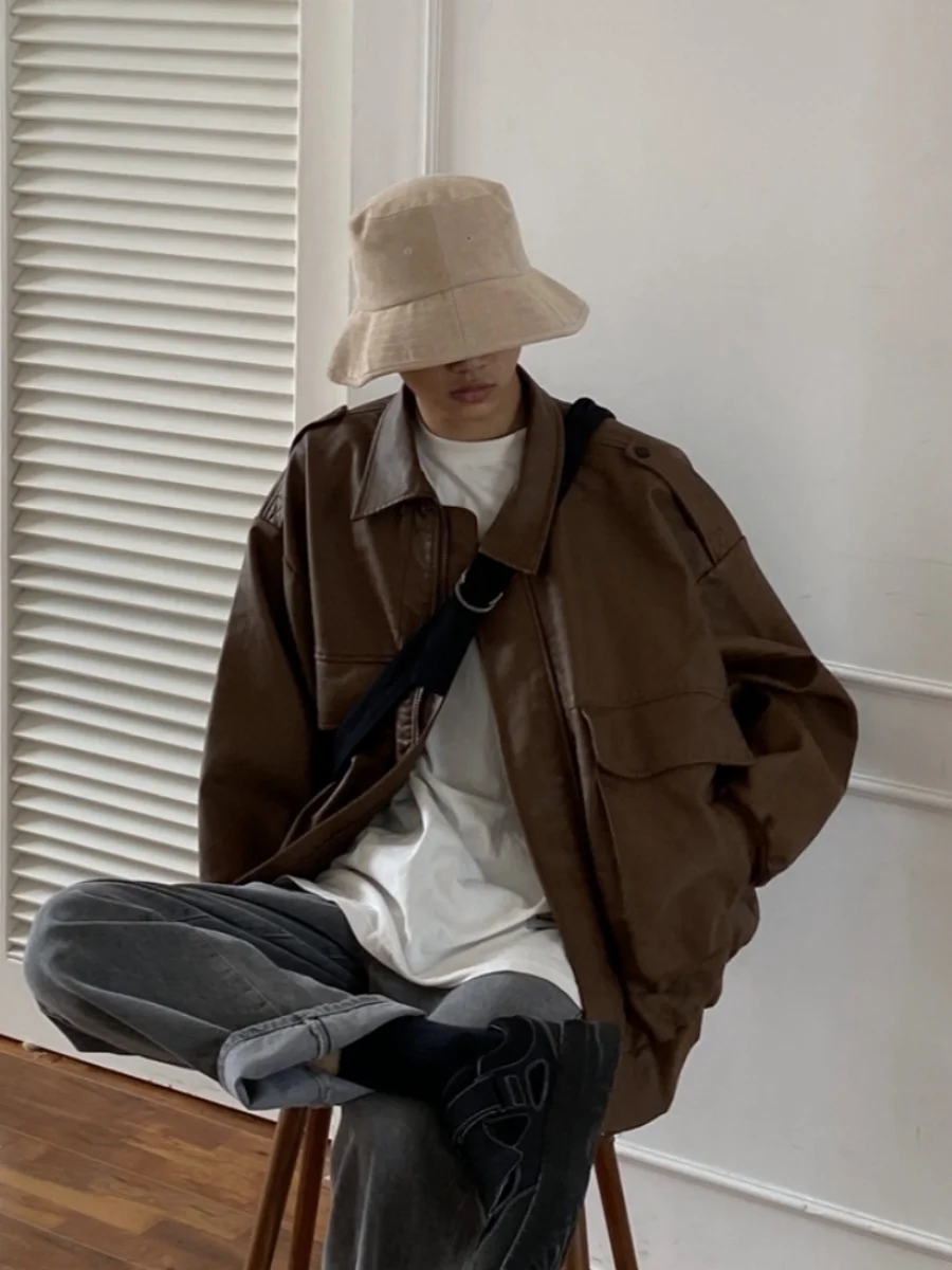 Japan fashion Classic Distressed Retro Lapel Loose Temperament Motorcycle Leather Coat Jacket Men's Casual Fashion Brand PU L...