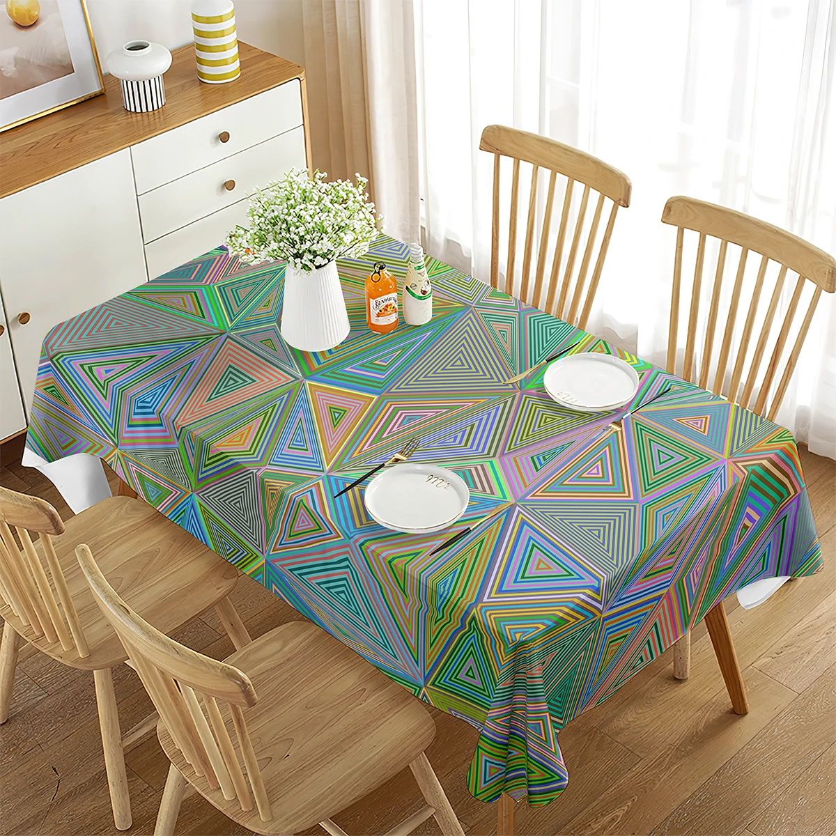 

Abstract Tablecloth, Mosaic Style Stained Fractal Colorful Geometric Triangle Image, Dining Room Kitchen Rectangular Table Cover