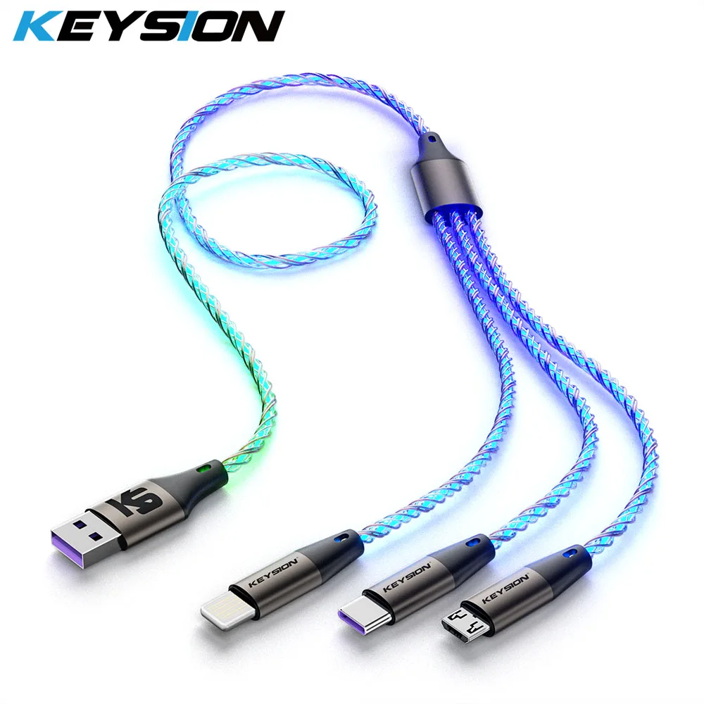 Фото KEYSION USB-кабель 3 в 1, цветной светодиодный RGB-подсветка, градиентный шнур Micro USB Type-C, провод для быстрой зарядки для iPhone, Samsung, Xiaomi, OPPO №1