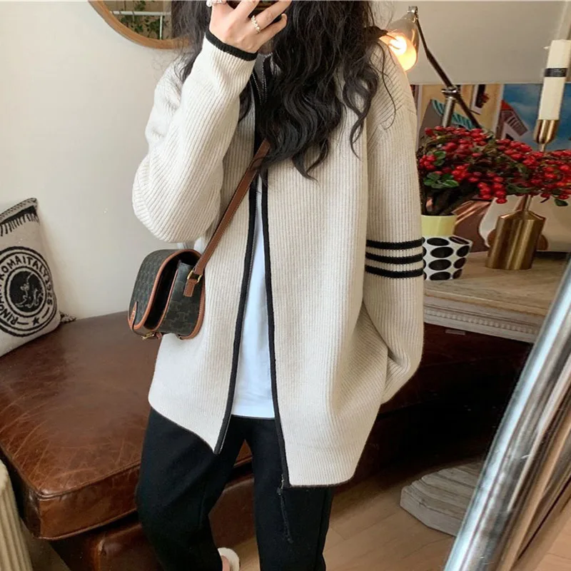 

2022 Autumn Winter New All-match Korean Version Loose Casual Knitted Ladies Cardigan Zipper Long-sleeved Sweater Coat Women