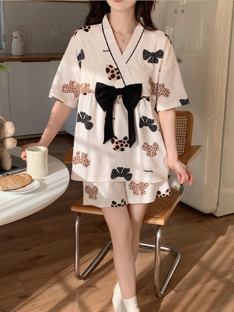 Пижамные комплекты с v-образным вырезом женские пижамные милым бантом нежная