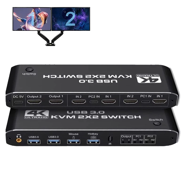 KVM-переключатель 2 х2 HDMI 4K 60 Гц KVM с двойным монитором Расширенный дисплей USB в