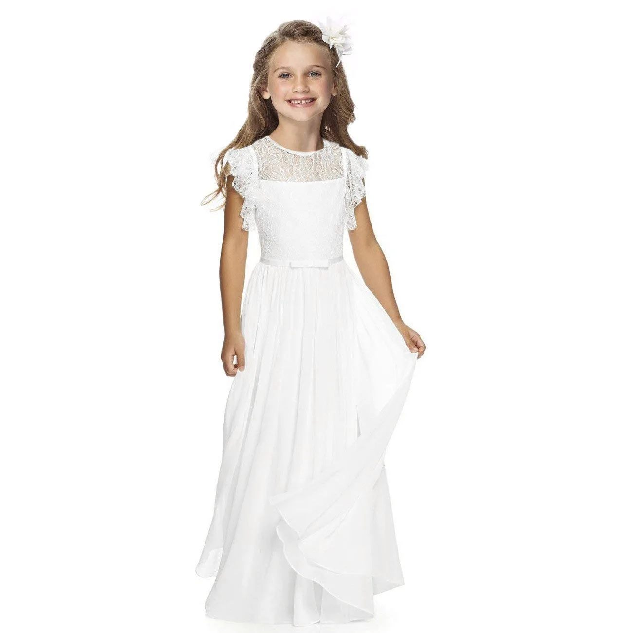

New Flower Girl Dress For Wedding White Ivory Lace Appliques Chiffon Scoop Neck Sleeveless First Communion Gowns Custom Made