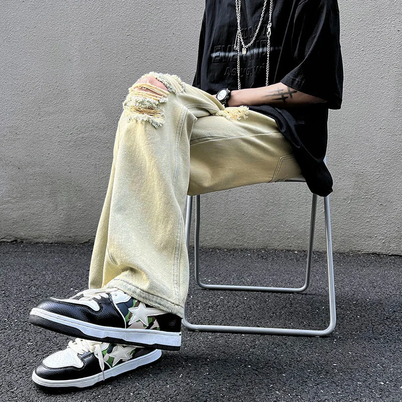 Summer Ripped Baggy Jeans Men's Fashion Casual Straight Jeans Japanese Streetwear Loose Hip Hop Hole Denim Pants Mens Trousers