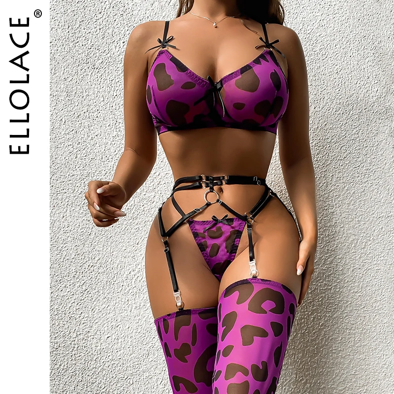 

Ellolace Fine Leopard Lingerie With Stocking Sexy Porn Underwear Thongs Luxury Lace Garter Belt Purple Fancy Intimate Uncensored