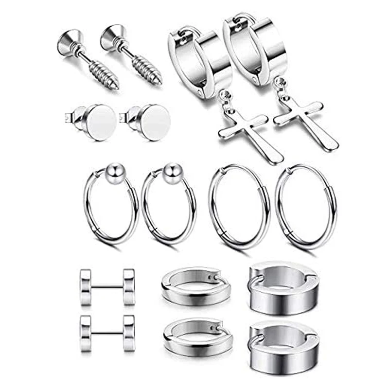 

1-8 Pairs Hypoallergenic Stainless Steel Tiny Cartilage Piercing Stud Earrings Hoop Huggie Set for Men Women Silver Black