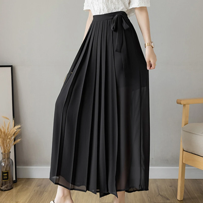 

Spring Summer Style Korean Women Pleated Chiffon Trousers High Waist Lace Up Pants Hakama Casual Wide Leg Pantalones