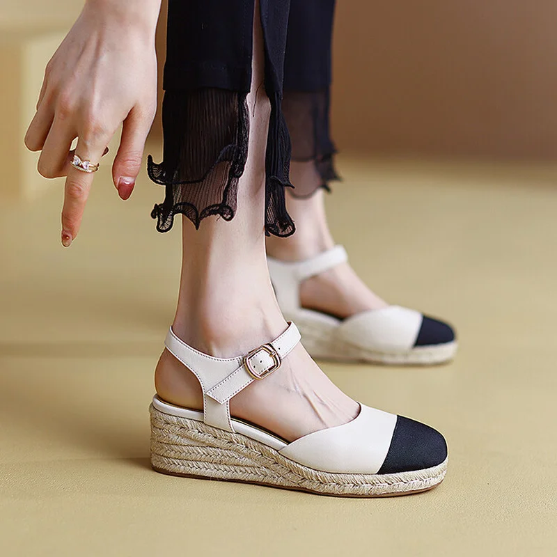 

LeShion Of Chanmeb Sheep Leather Brand Espadrilles Sandals Women Wedges Heels Platform Closed Toe Ladies Buckle Sandals Size 39