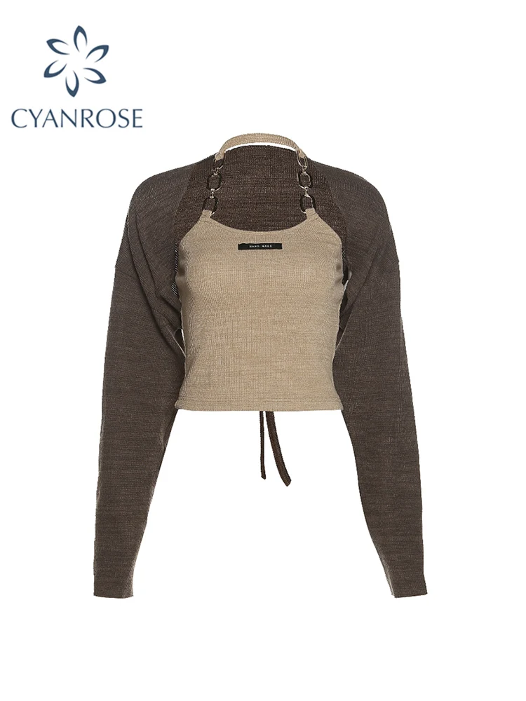 

Knit T Shirt Camis Two-piece Set Women 2022 Casual Vintage Fashion Y2k T-shirt Streetwear Female Korean Loose Sexy Slim Tee Tops