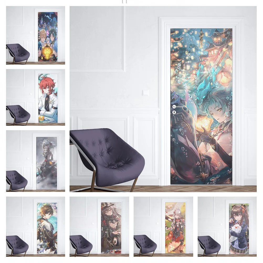 

Дверная наклейка Genshin Impact аниме Украшение настенное искусство дверь наклейки на стене обои ПВХ двойные наклейки игровой постер холодильник...