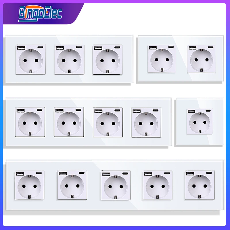 

Bingoelec Type-C Interface Outlet Crystal Panel white Wall EU Russia Spain Standard Socket With USB Charge Port Single Sockets