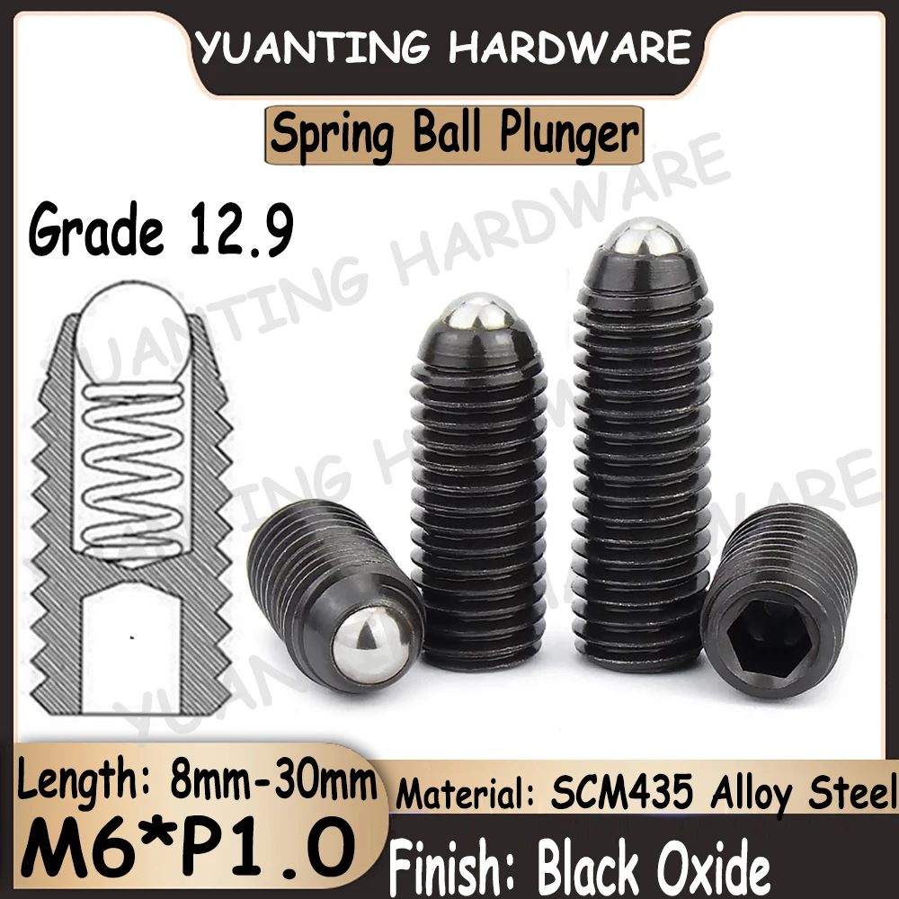 

5Pcs~20Pcs M6 Grade 12.9 Alloy Steel Black Hexagon Socket Spring Ball Plungers Point Set Screws Headless Screws Grub Screws