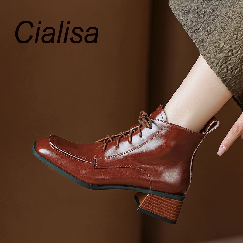 

Женские ботильоны с квадратным носком Cialisa, черные Винтажные ботинки из натуральной кожи на толстом среднем каблуке, Осень-зима