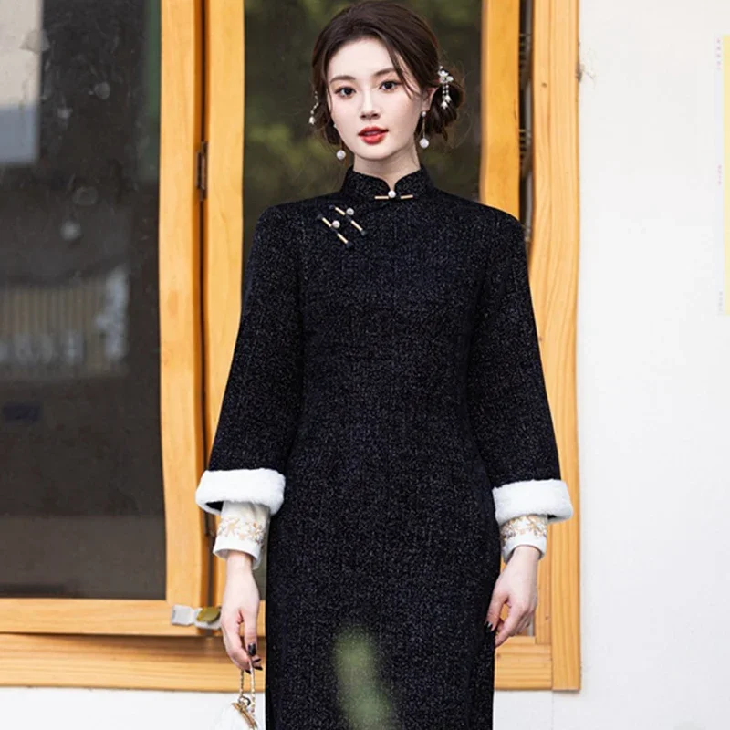 Плюс размер сексуальный тонкий Cheongsam осень-зима женский длинный Ципао помолвка