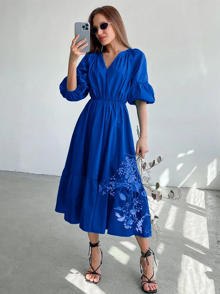 

Chicheca V Neck Half Sleeve Royal Blue Elegant Office Fashion Long Summer Women Dress 2023 Elastic Waist Outfit New