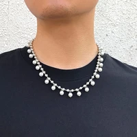 hip hop silver color iron beads chain choker necklace for men baroque small simulated pearls tassel pendant collar goth jewelry