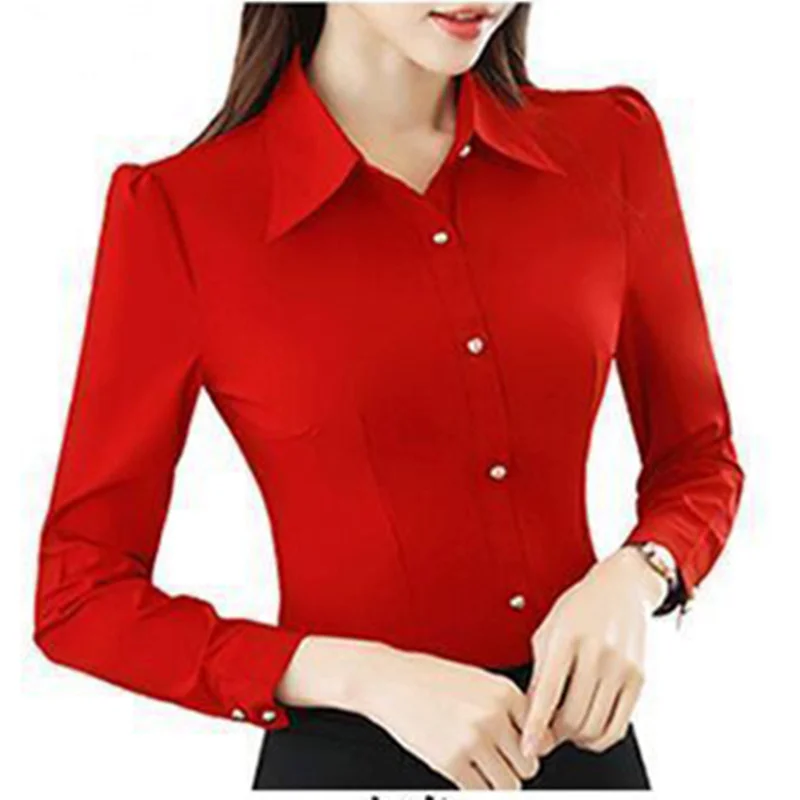

2023 Fashion Korean Slim Red Office Shirt Autumn Women Lapel Long Sleeve Single Breasted Working Clothes Blusas Elegant Ma'am To
