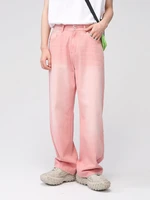 yihanke four seasons korean style straight pink wide leg jeans mens straight casual pants y2k men jeans streetwear ins hot sale