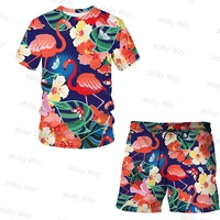 mens summer tracksuit tropical florafauna pattern t shirt shorts set fashion outfits oversized streetwear male suit clothing