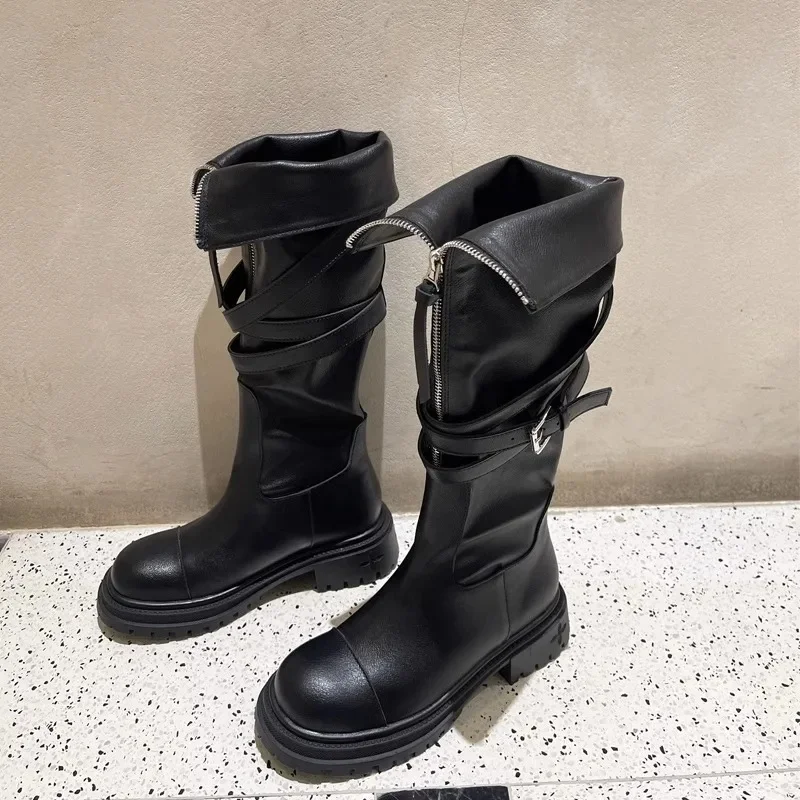 

2023 Autumn Winter New Belt Buckle Thick Bottom Biker Boots Female Knee-high Zipper High Cylinder Flap Knight Boots Trafza