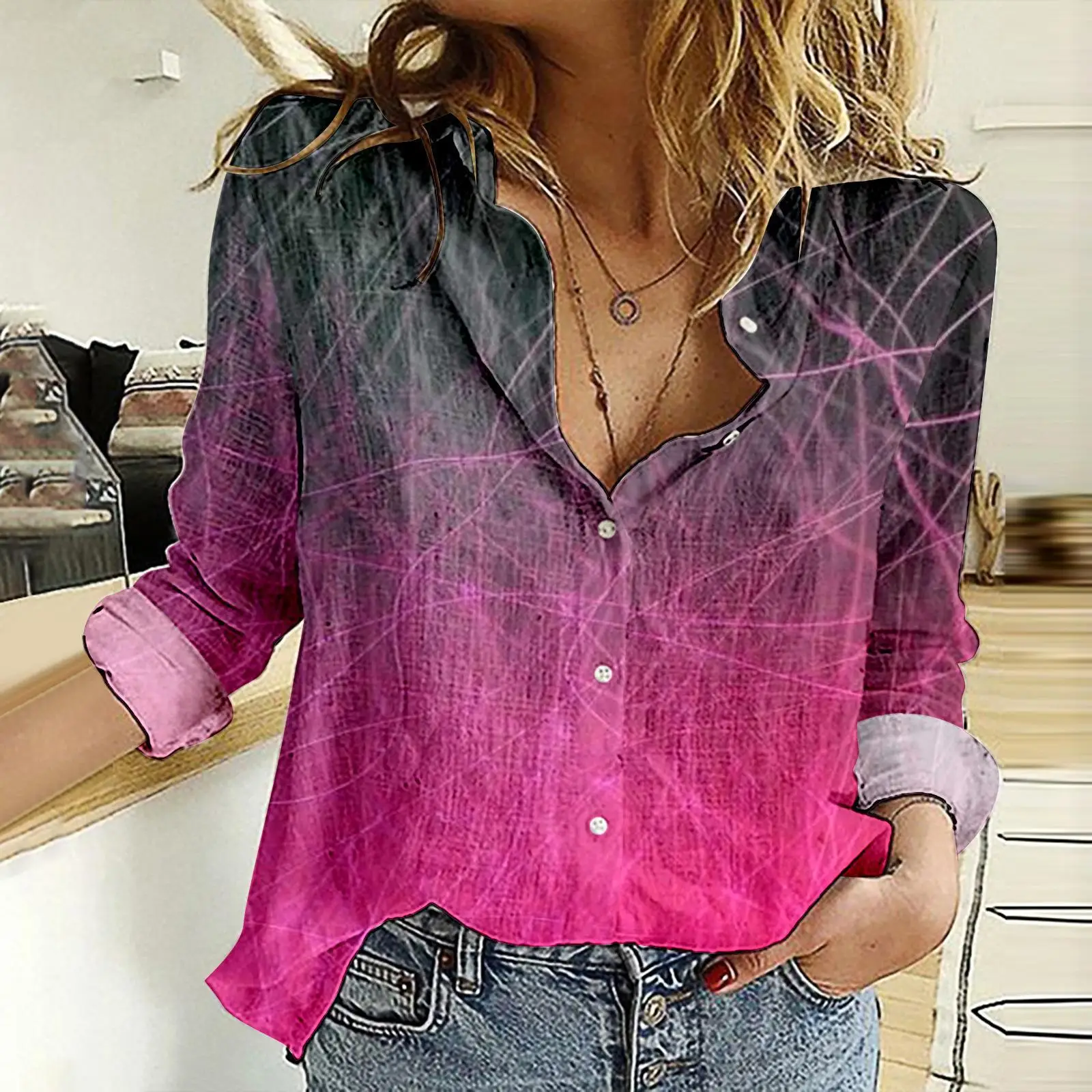 Винтажная женская блузка на пуговицах розовая рубашка длинные рукава свободные