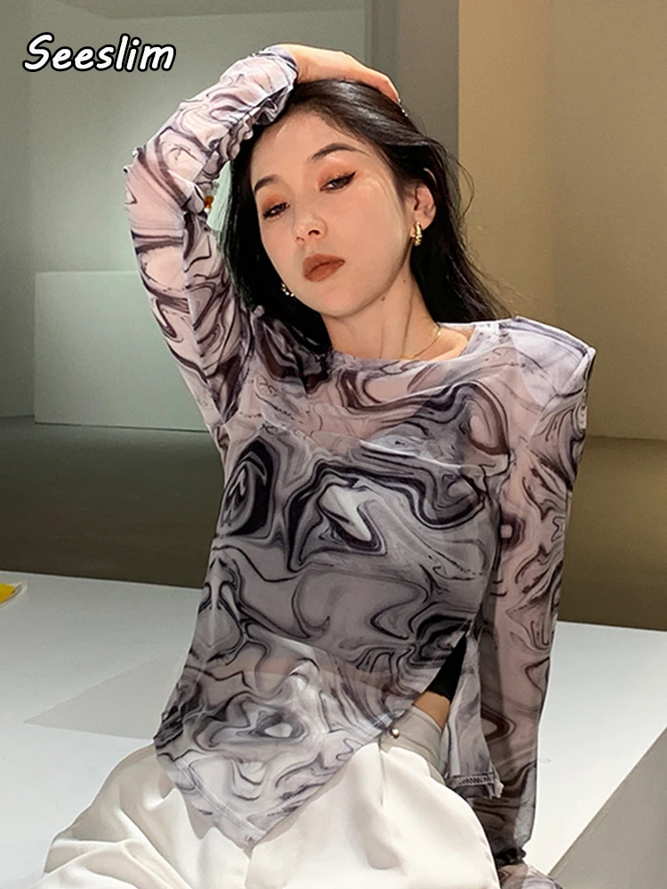 

Seeslim Korean Style See Through Mesh Tops Women Translucent Tie Dye Irregular Long Sleeve T Shirt Sexy Slim Sheer Top Tee 2022