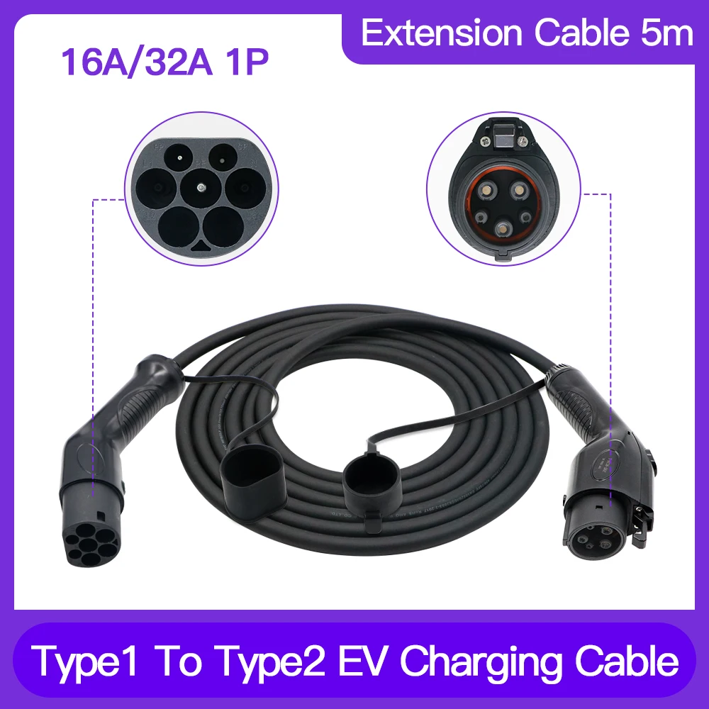

Portable EV Charging Cable 32A 22KW EV Charge Type 1 to Type 2 Male To Female Plug EVSE Equipment With 5M Cable