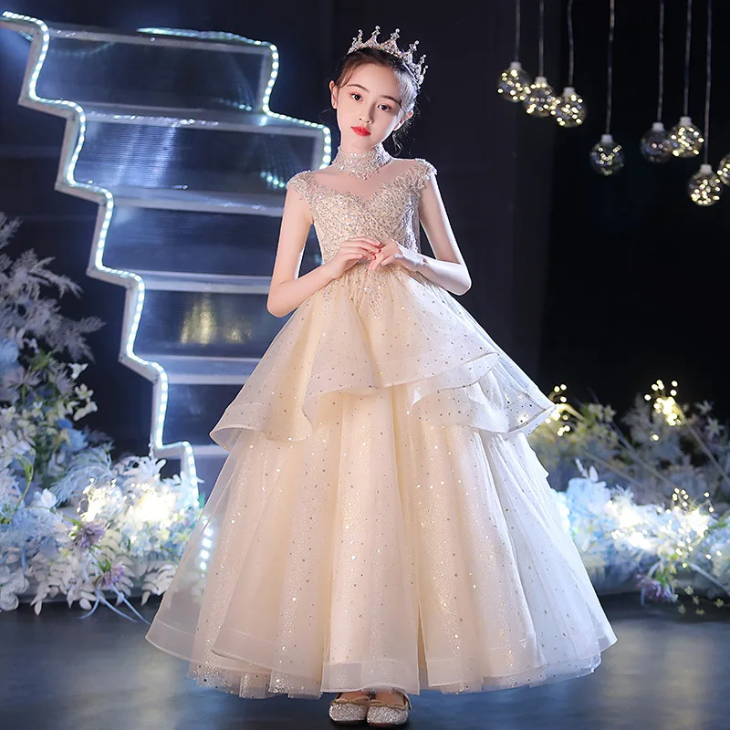 

Flower Girl's Birthday Princess Dress Elegeant Catwalk Show Evening Mesh Party Ball Gown Children's Host Piano Performance Dress