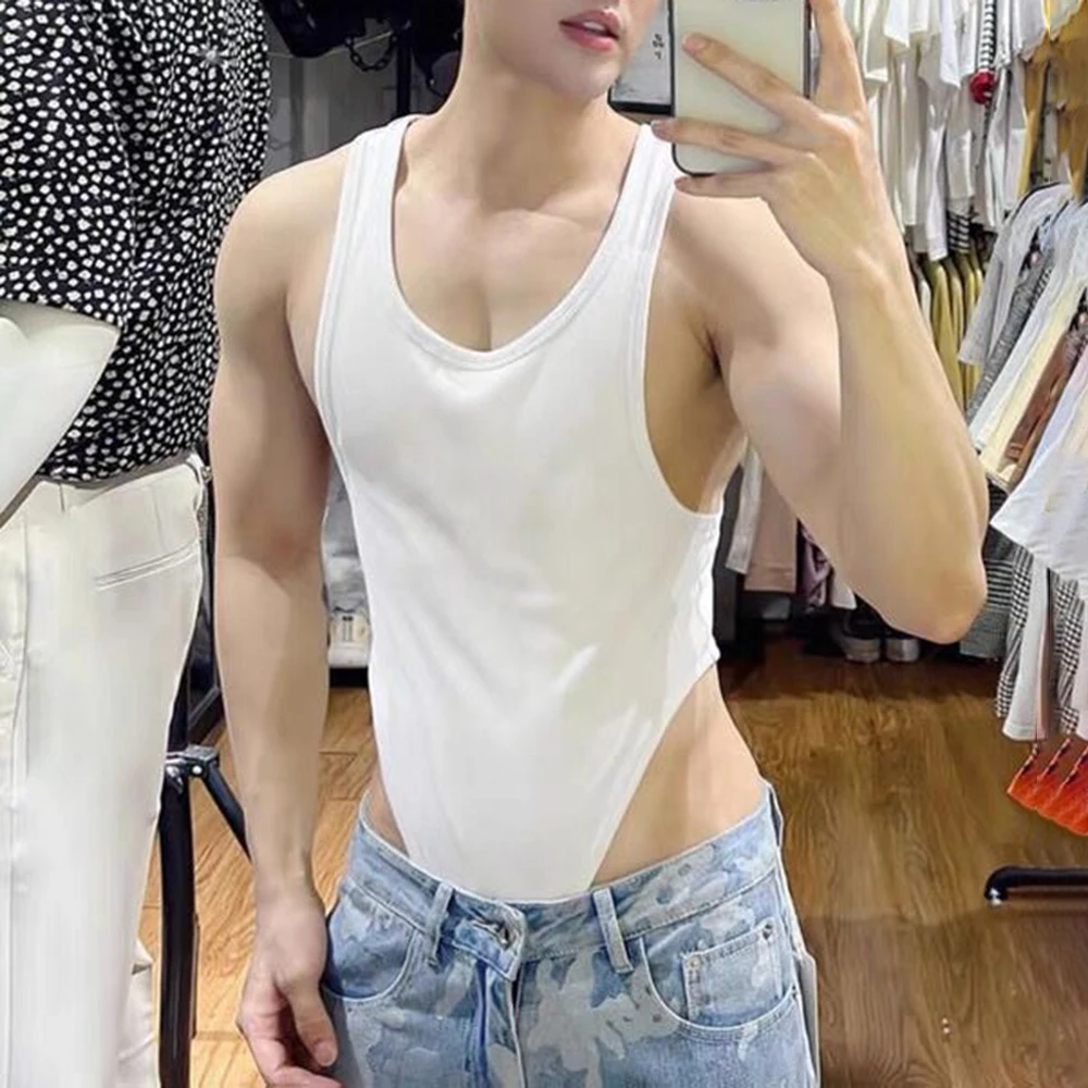 

2023 New Bodysuit Underwear Sleeveless Gay Sissy Sexy Cross Dressing Men Mesh Patchwork Romper Thin Homewear Men's Bodysuits
