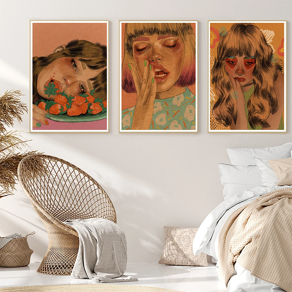 

Burnt Orange Poster Girl Portrait Canvas Painting Watercolor Art Print Fashion Wall Picture Best Gift For Nordic Room Home Decor
