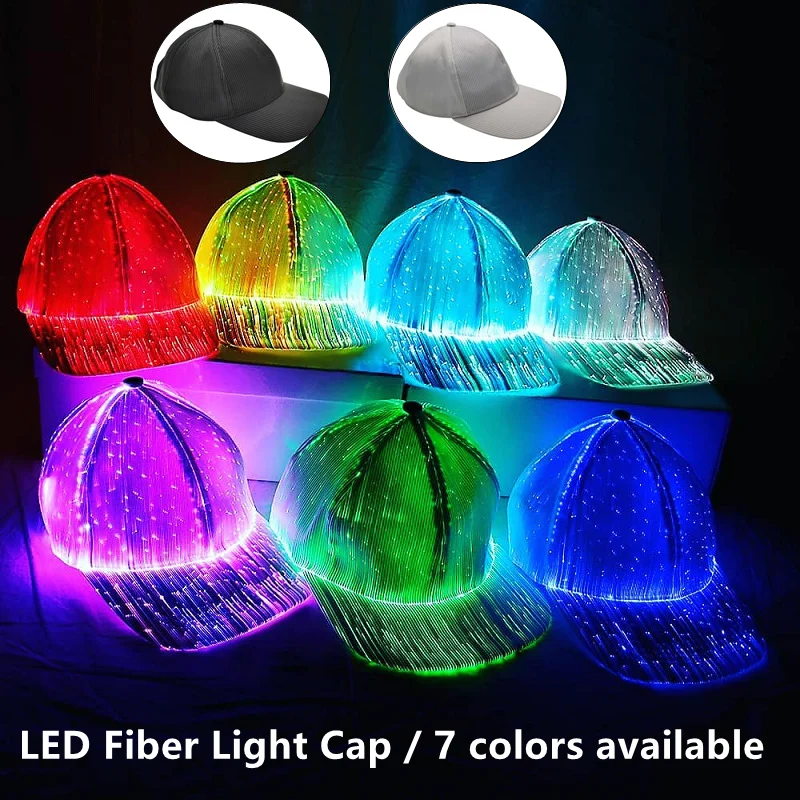 Glowing Hat Fisherman Baseball Cap New RGB 7 Color Flashing Led Fiber Optic Hat Night Light Built-in Battery Concert Neon