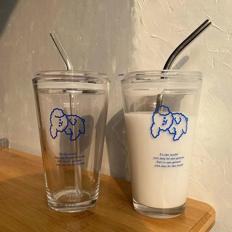 

Koreancute puppy heat-resistant glass water cup with lid straw creative cartoon milk juice household glass bar counter drinkware